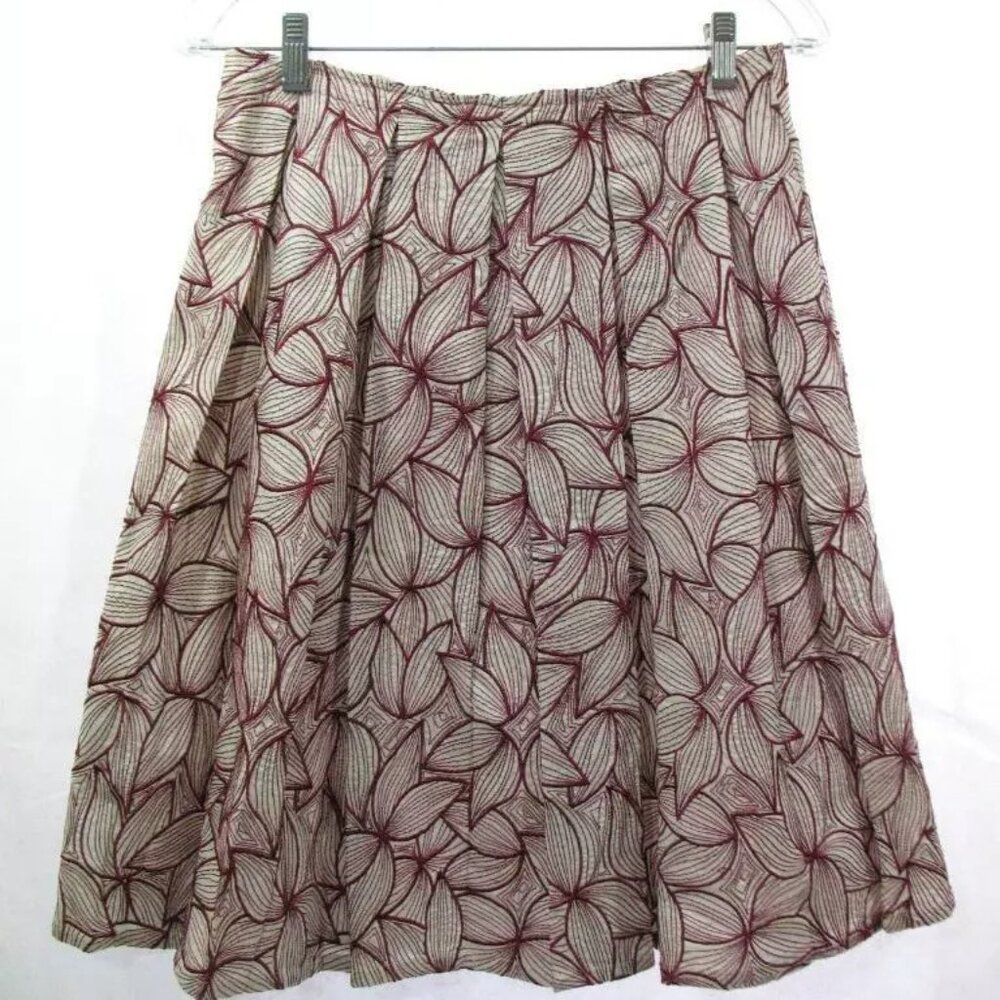 CLUB MONACO Cotton SKIRT Size 4 Maroon Floral Pastiche Embroidery on Cream